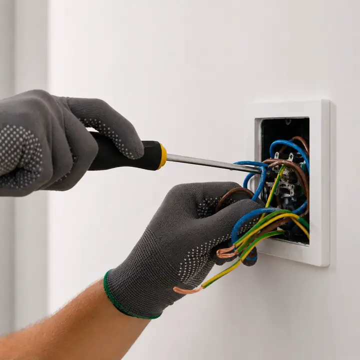 Profissional com luvas trabalhando na fiação de uma tomada