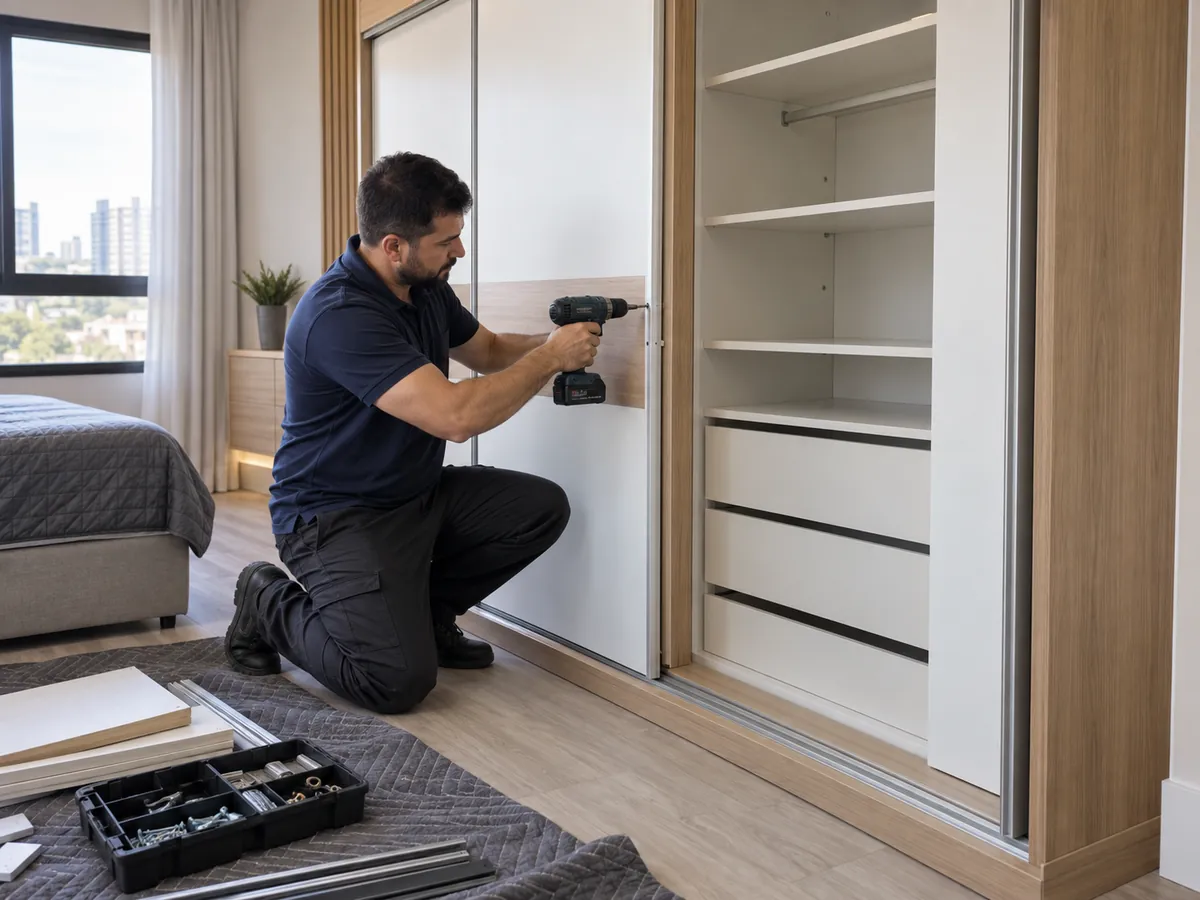 Montador instalando a porta de correr de um guarda-roupa